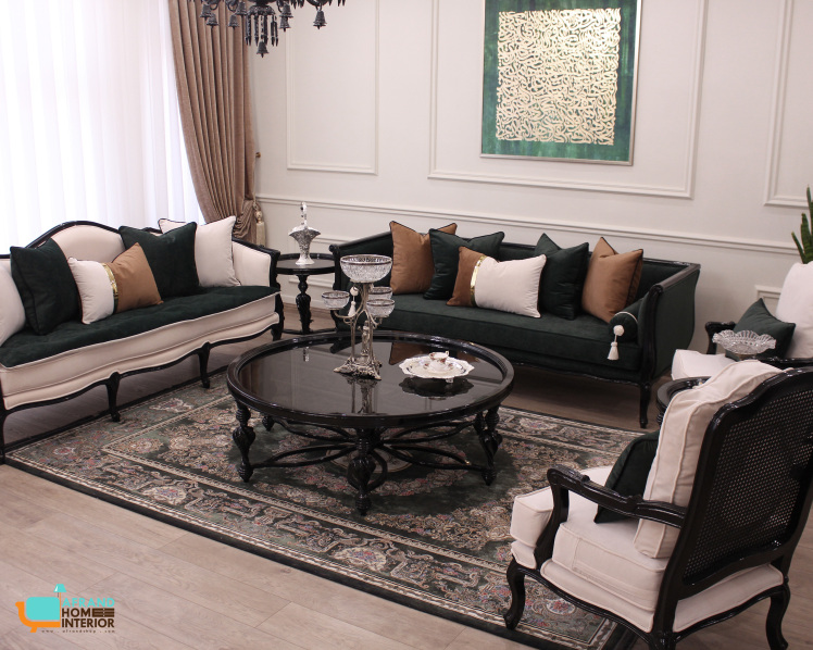 سرویس مبلمان نئوکلاسیک کرم و مشکی و سبز زمردی
