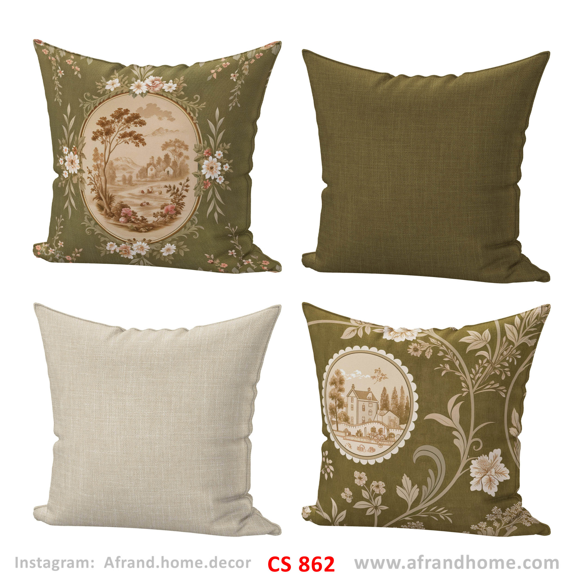  کاور کوسن CS 862 | طرح انگلیسی| رنگ‌ بندی سبز زیتونی و کرم| افرندهوم 